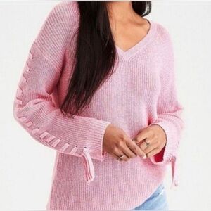 AE American Eagle Pink Shoulder Lace Up Sweater Size XS